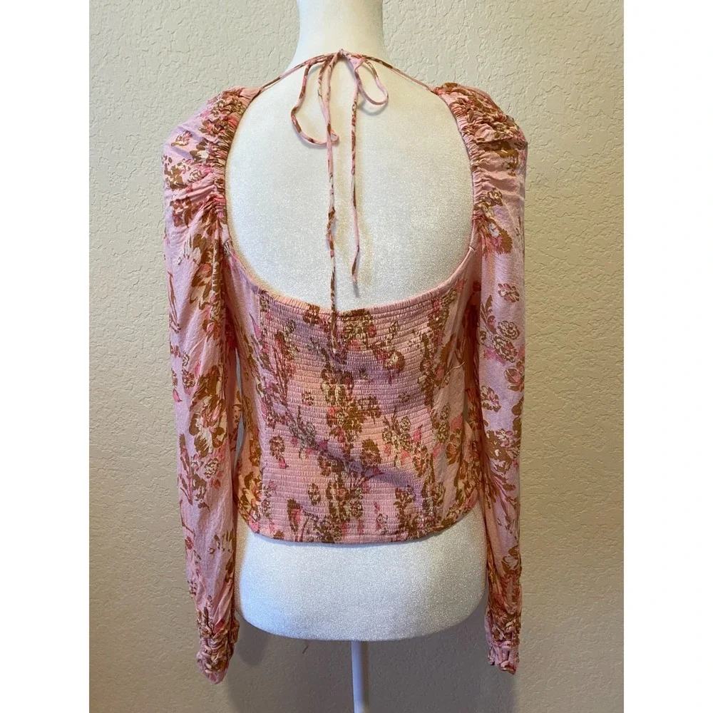 Free People Hilary Floral Top Pink Sz M Smocked Feminine Babydoll Coquette